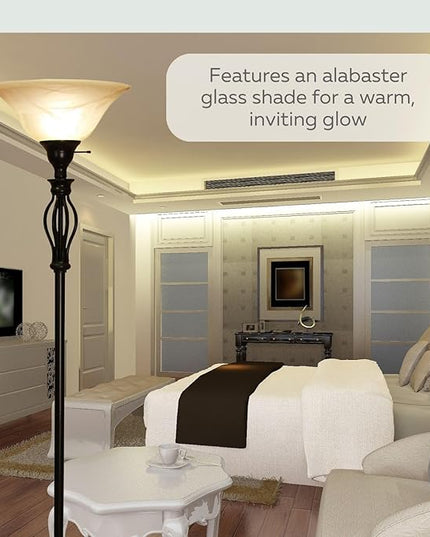 LIGHTACCENTS Bronze Floor Lamp with Alabaster Glass Bowl Shade for Living Room Decor - Torchiere Floor Lamps- Tall Floor Lamp - Traditional Iron Scrollwork Unique Floor Lamp for Living Room - LeafyLoom