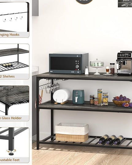Homieasy Kitchen Island with Wine Glass Holder, Industrial Wood and Metal Coffee Bar Wine Rack Table, 3 Tier Spacious Prep Table Extended Counter with Hooks Easy to Assemble, Black Oak - LeafyLoom
