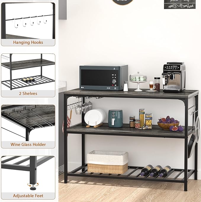 Homieasy Kitchen Island with Wine Glass Holder, Industrial Wood and Metal Coffee Bar Wine Rack Table, 3 Tier Spacious Prep Table Extended Counter with Hooks Easy to Assemble, Black Oak - LeafyLoom