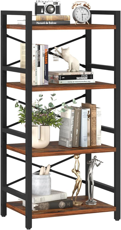 Yoobure 4 Tier Bookshelf - Small Book Shelf Industrial Bookcase, Narrow Book Case Book Storage Organizer for CD/Movie/Book, Bookshelves for Bedroom Office Living Room Berry Brown - LeafyLoom