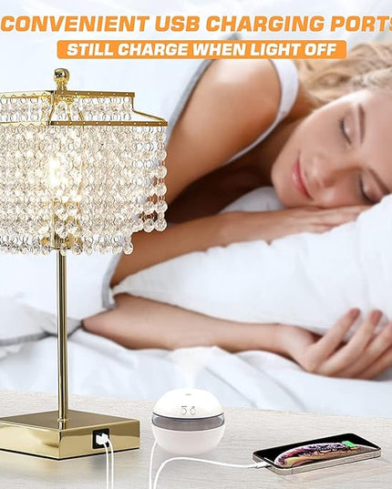 Luvkczc USB Bedside Crystal Table Lamp Gold, Touch Control Lamp, 3-Way Dimmable with Shade for Bedroom, Living Room, 6W LED Bulb Included - LeafyLoom