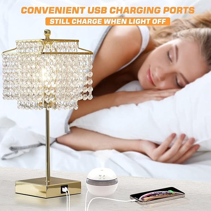 Luvkczc USB Bedside Crystal Table Lamp Gold, Touch Control Lamp, 3-Way Dimmable with Shade for Bedroom, Living Room, 6W LED Bulb Included - LeafyLoom