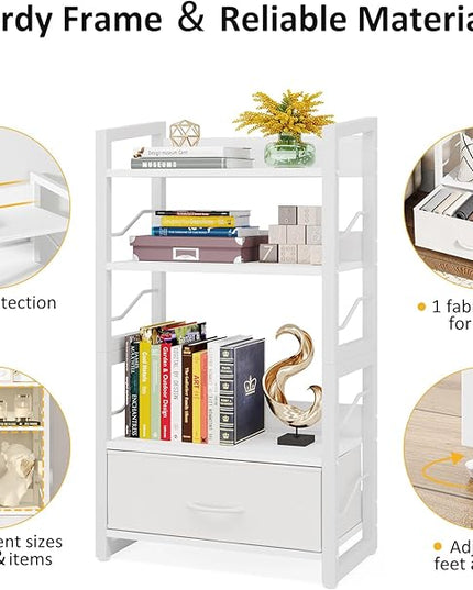 Small Bookshelf with Drawer - 4-Tier Wood Book Shelf Industrial Narrow Bookcase Storage Organizer Metal Stackable Shelves for Desktop Bedroom Living Room Home Office (White) - LeafyLoom