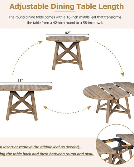 Merax 5-Piece Retro Wood Dining Set for 4 with Extendable Round Table and 16" Removable Middle Leaf, Including 4 Upholstered Backrest Cusioned Chairs, for Kitchen, Living Room, Natural Wood Wash - LeafyLoom