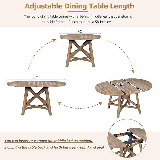 Merax 5-Piece Retro Wood Dining Set for 4 with Extendable Round Table and 16" Removable Middle Leaf, Including 4 Upholstered Backrest Cusioned Chairs, for Kitchen, Living Room, Natural Wood Wash - LeafyLoom