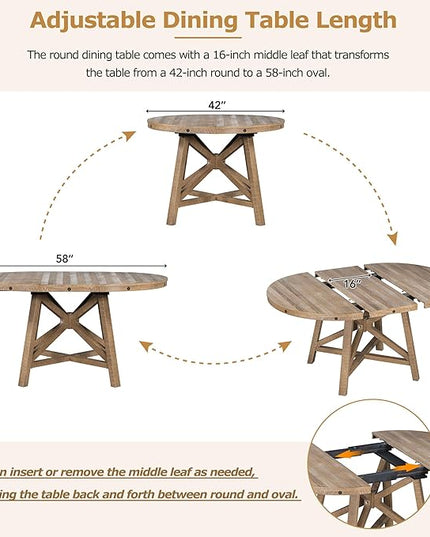 5-Piece Retro Style Dining Set with Extendable Round Table and 4 Upholstered Chairs for Kitchen, Living Room, Wood, 42"-58" L x 42" W x 30" H, Natural Wash - LeafyLoom