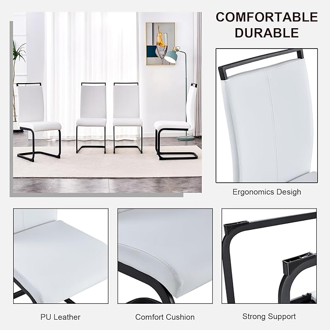 Modern Dining Chairs Set of 6,High Back Kitchen Chairs,Side Room Chair with Black Powder Coating Metal Legs,Easy to Clean Upholstered Dining Chairs,Ideal for Living Room(White Chairs) - LeafyLoom