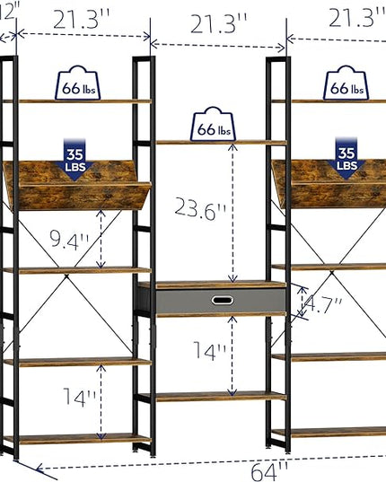 NUMENN Triple Wide 5 Tier Bookshelf, Adjustable Rustic Industrial Style Book Shelves, Modern Bookcases and Bookshelves Furniture for Bedroom, Living Room and Home Office, Vintage Brown - LeafyLoom