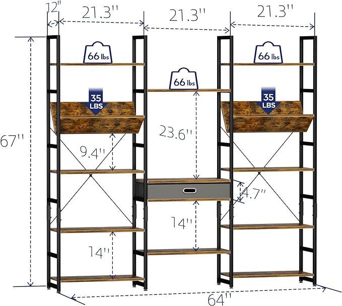 NUMENN Triple Wide 5 Tier Bookshelf, Adjustable Rustic Industrial Style Book Shelves, Modern Bookcases and Bookshelves Furniture for Bedroom, Living Room and Home Office, Vintage Brown - LeafyLoom