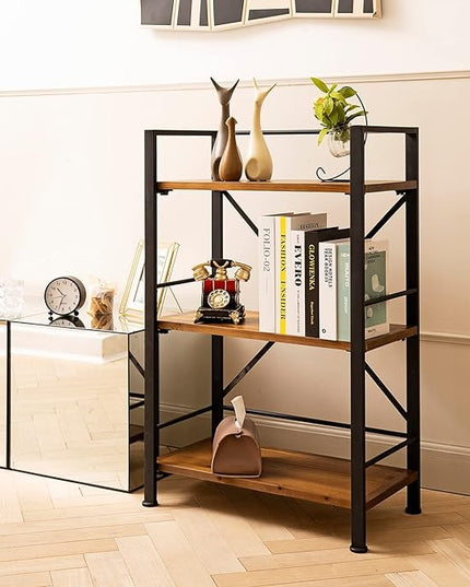 Rustic Bookshelf, 3 Tier Real Wood Bookshelf, Metal Book Shelf for Storage, Black Bookcase, 12.6" D x 23.62" W x 36.61" H - LeafyLoom