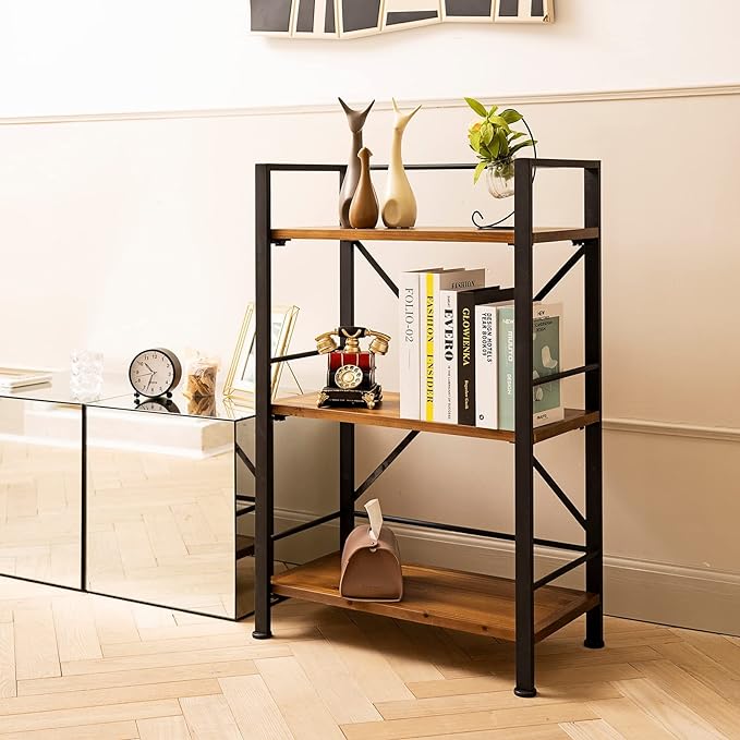 Rustic Bookshelf, 3 Tier Real Wood Bookshelf, Metal Book Shelf for Storage, Black Bookcase, 12.6" D x 23.62" W x 36.61" H - LeafyLoom