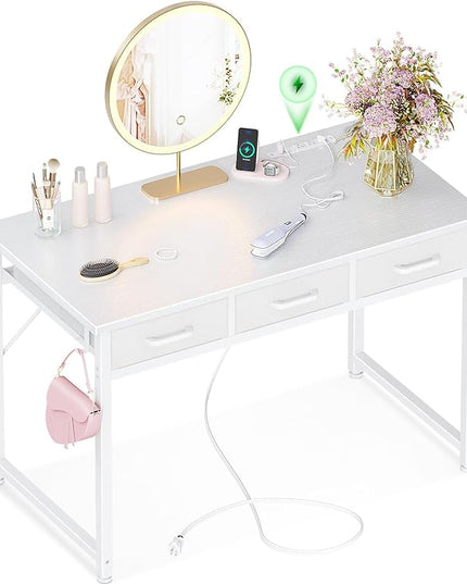 AODK Vanity Desk without Mirror, Makeup Vanity with 3 Fabric Drawers, White Vanity Desk Dressing Vanity Table with Charging Station, 40 Inch Large Girl Vanity, Desk Make Up Vanity for Girls, White - LeafyLoom
