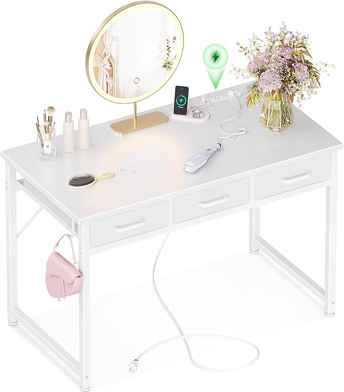 AODK Vanity Desk without Mirror, Makeup Vanity with 3 Fabric Drawers, White Vanity Desk Dressing Vanity Table with Charging Station, 40 Inch Large Girl Vanity, Desk Make Up Vanity for Girls, White - LeafyLoom