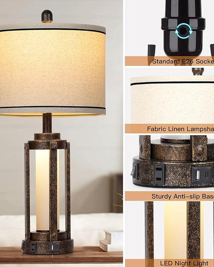 26" Farmhouse Table Lamps Set of 2, Vintage Rustic Industrial Beside Lamps with USB A+C Charging Ports & AC Outlet, Nightstand Lamp with Glass Night Light & Linen Fabric Shade for Living Room Bedrooms - LeafyLoom
