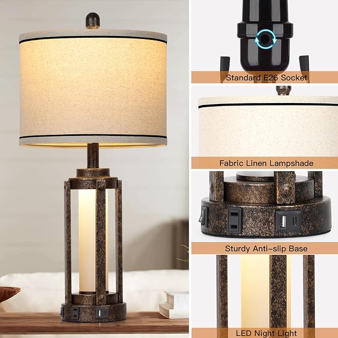 26" Farmhouse Table Lamps Set of 2, Vintage Rustic Industrial Beside Lamps with USB A+C Charging Ports & AC Outlet, Nightstand Lamp with Glass Night Light & Linen Fabric Shade for Living Room Bedrooms - LeafyLoom