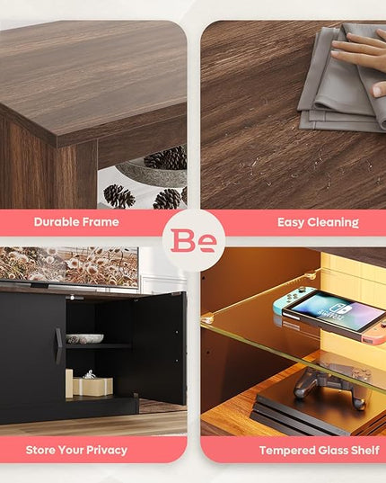 Bestier 70 inch Gaming Entertainment Center with Adjustable Glass Shelves for 75 inch TV, Large Led TV Stand with Two Cabinets, Modern Television Stand for Living Room, Bedroom, Walnut - LeafyLoom