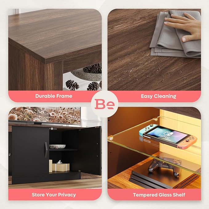 Bestier 70 inch Gaming Entertainment Center with Adjustable Glass Shelves for 75 inch TV, Large Led TV Stand with Two Cabinets, Modern Television Stand for Living Room, Bedroom, Walnut - LeafyLoom