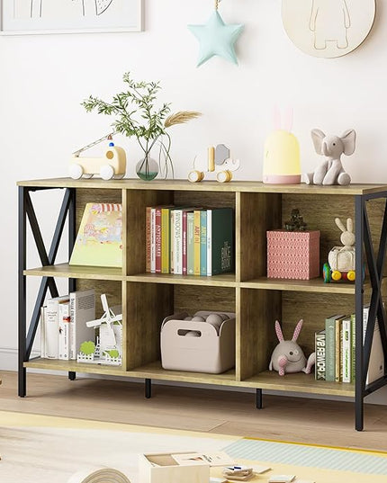 Horizontal Bookshelf Bookcase,6 Cube Storage Organizer with Open Shelf,47 Inch Industrial Low Wide Wood and Metal Cubby shelf,Long shelving unit for Home Office Living Room(Rustic Oak,6 Cube) - LeafyLoom