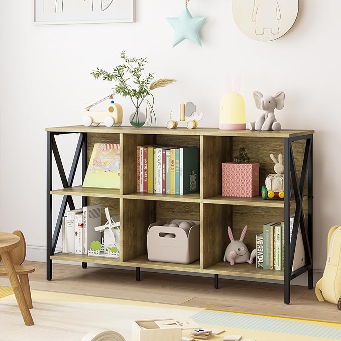 Horizontal Bookshelf Bookcase,6 Cube Storage Organizer with Open Shelf,47 Inch Industrial Low Wide Wood and Metal Cubby shelf,Long shelving unit for Home Office Living Room(Rustic Oak,6 Cube) - LeafyLoom
