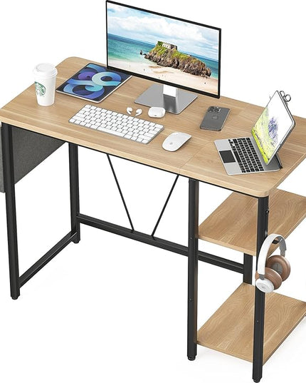 Computer Desk, 39.3” Home Office Desks, Modern Small Desk for Bedroom, Gaming Desk with Iron Hook and Height Adjustable Feet, Sturdy Student Writing Desk with Storage Bag, Storage Shelves - LeafyLoom