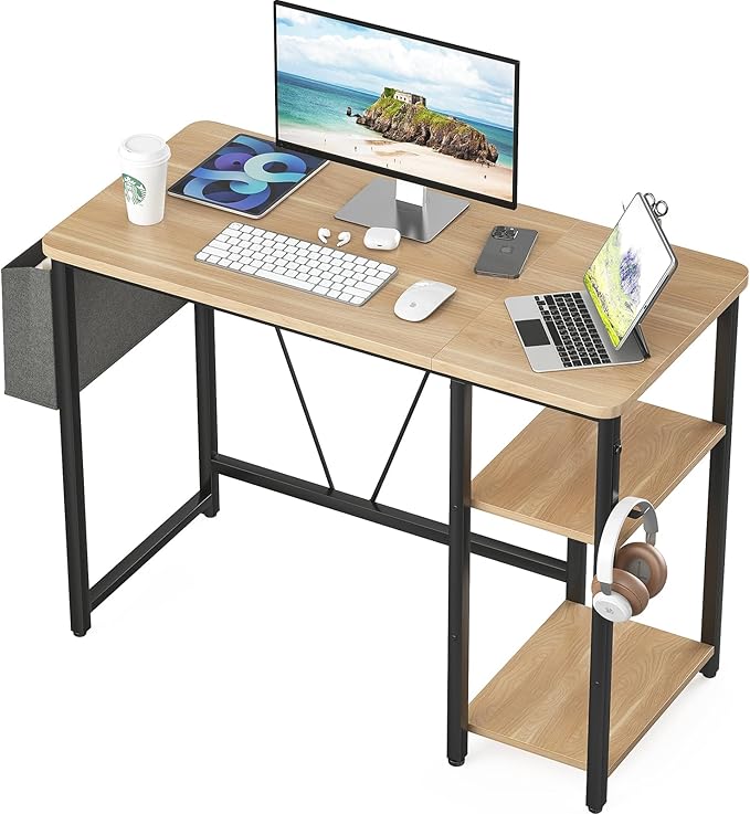 Computer Desk, 39.3” Home Office Desks, Modern Small Desk for Bedroom, Gaming Desk with Iron Hook and Height Adjustable Feet, Sturdy Student Writing Desk with Storage Bag, Storage Shelves - LeafyLoom