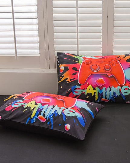 Aimuan Gamer Gaming Bedding Sets 3D Gamepad Comforter Sets for Boys Games Console Action Buttons Novelty Colorful Game Controller Modern Room Decor Home Quilt Set (Black, Full 6PCS) - LeafyLoom