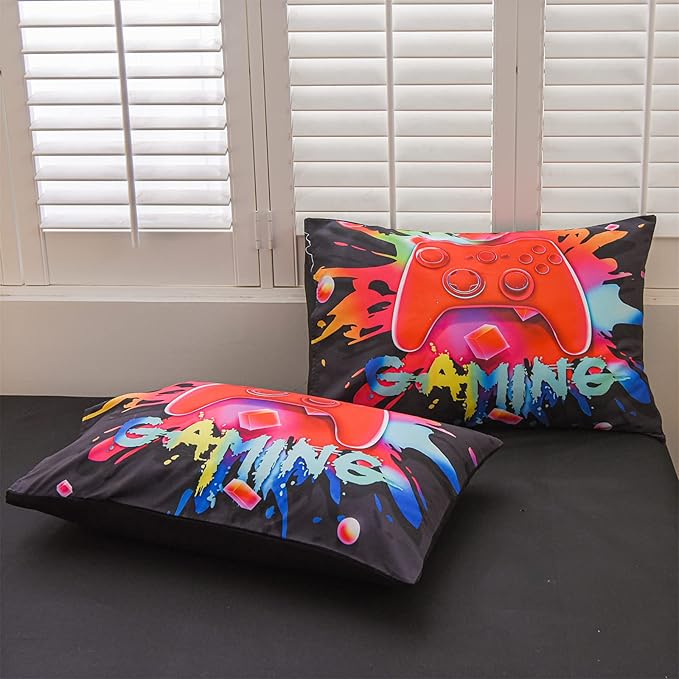 Aimuan Gamer Gaming Bedding Sets 3D Gamepad Comforter Sets for Boys Games Console Action Buttons Novelty Colorful Game Controller Modern Room Decor Home Quilt Set (Black, Full 6PCS) - LeafyLoom