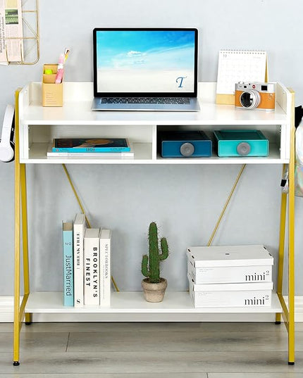 TEAMIX Small White Desk with Drawer and Shelf, Wood Computer Desk for Laptop PC, Gaming Desk with Hooks Vanity Makeup Desk for Girls Home Office Desk - LeafyLoom