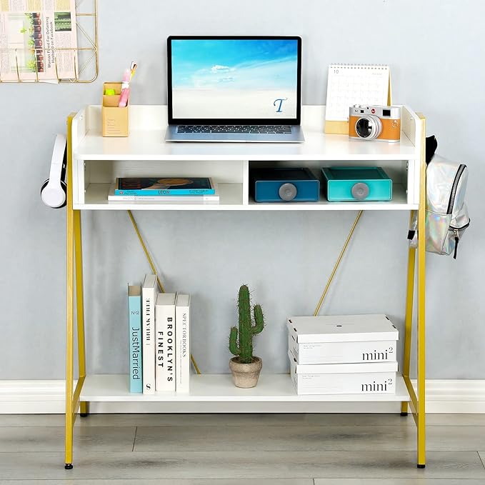 TEAMIX Small White Desk with Drawer and Shelf, Wood Computer Desk for Laptop PC, Gaming Desk with Hooks Vanity Makeup Desk for Girls Home Office Desk - LeafyLoom