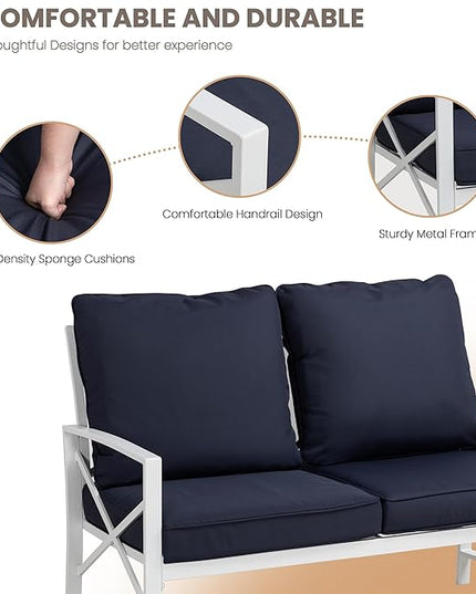 Shintenchi 5 Piece Outdoor Furniture Sets, White Metal Sofa Conversation Sets with Loveseat, Two Single Chairs and Two Coffee Tables for Backyard, Patio, Balcony, Poolside (Dark Blue) - LeafyLoom