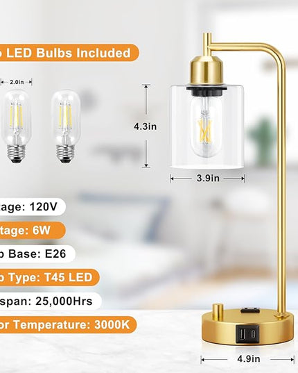 Industrial Table Lamps for Bedroom Set of 2 - Fully Dimmable Bedside Lamps with USB Ports and Outlet, Gold Nightstand Lamps with Clear Glass Shade for Living Room, Desk Lamps for Office Reading - LeafyLoom