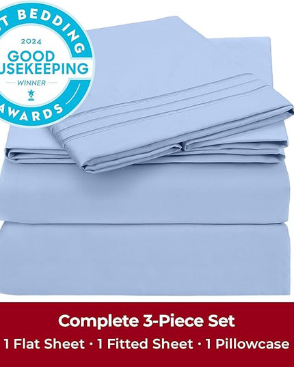 Mellanni Twin Sheets Set - 3 PC Iconic Collection Bedding Sheets & Pillowcases - Hotel Luxury, Extra Soft, Cooling Bed Sheets - Deep Pocket up to 16 inch (Twin, Sky Blue) - LeafyLoom