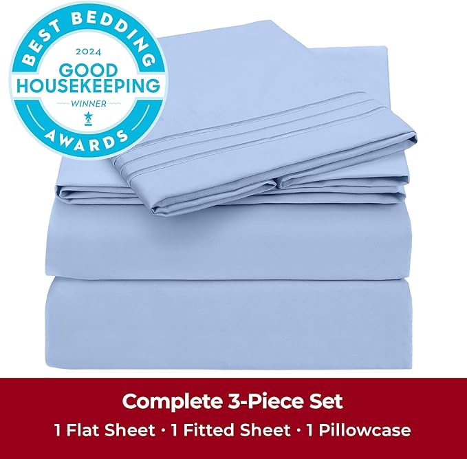 Mellanni Twin Sheets Set - 3 PC Iconic Collection Bedding Sheets & Pillowcases - Hotel Luxury, Extra Soft, Cooling Bed Sheets - Deep Pocket up to 16 inch (Twin, Sky Blue) - LeafyLoom