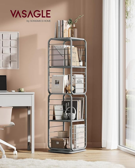 VASAGLE 4-Tier Rotating Bookshelf, Bookcase with Bookends for Small Spaces, Corner Shelf, Steel Frame, Dove Grey ULLS127G36 - LeafyLoom