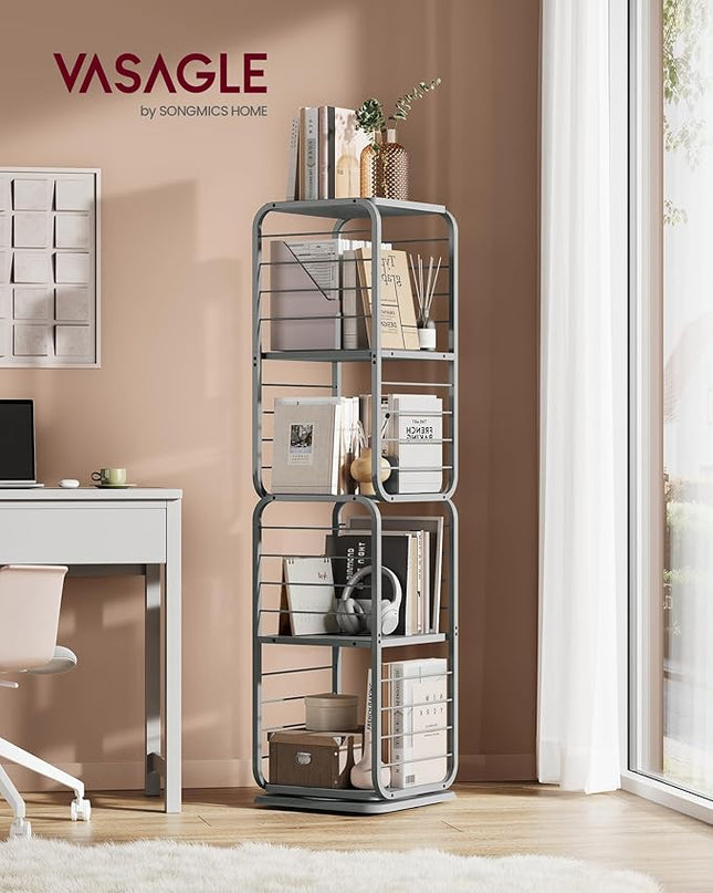 VASAGLE 4-Tier Rotating Bookshelf, Bookcase with Bookends for Small Spaces, Corner Shelf, Steel Frame, Dove Grey ULLS127G36 - LeafyLoom