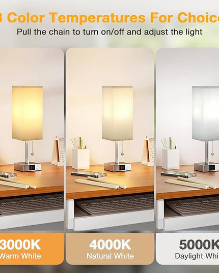 Grey Small Table Lamp for Bedroom - 3 Color Temperature 3000K 5000K 4000K Bedside Lamp, Pull Chain Control, USB A and C Charging Ports, Silver Base, for Kids Office Dorm nightstand, Bulb Included - LeafyLoom