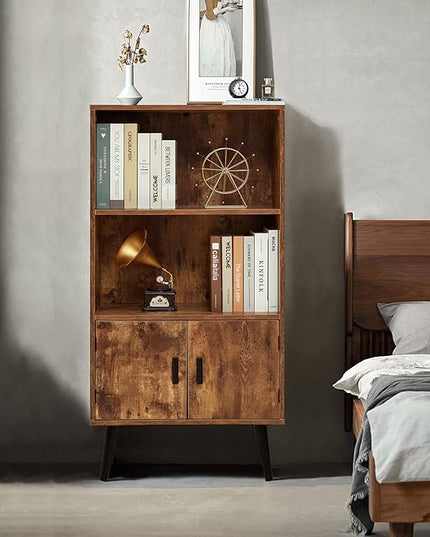 usikey 48.4" H Boho Bookcase, Retro Bookshelf with Doors & 2-Tier Shlef, Mid-Century Modern Storage Cabinet for Bedroom, Study, Living Room, Office, Library, Brown - LeafyLoom