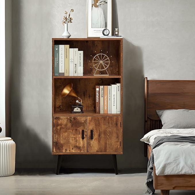 usikey 48.4" H Boho Bookcase, Retro Bookshelf with Doors & 2-Tier Shlef, Mid-Century Modern Storage Cabinet for Bedroom, Study, Living Room, Office, Library, Brown - LeafyLoom