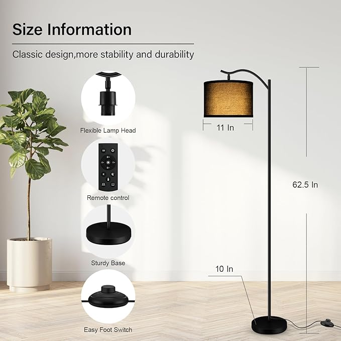 BoostArea Floor Lamp for Living Room,Arc Floor Lamp with Remote Control,Stepless Dimmable Brightness & Colors Temperature 2700k-6500k,Modern Standing Lamp for Bedroom Study Room Office,Black - LeafyLoom