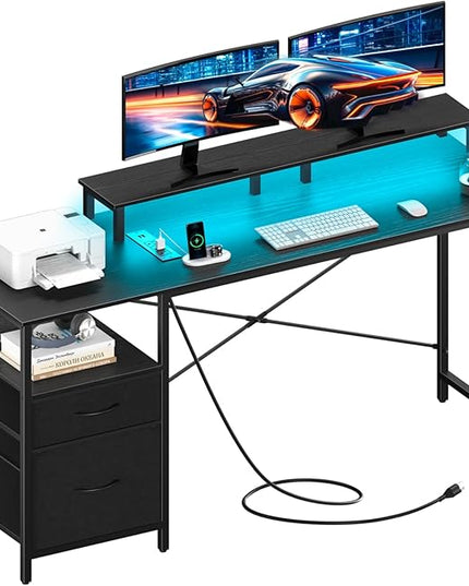 Yoobure Computer Desk, Gaming Desk with LED Lights & Power Outlets, Office Desk with Fabric File Cabinets, 55.1" Gaming Table with Long Monitor Stand, PC Gamer Desk with Drawers for Home office, Black - LeafyLoom