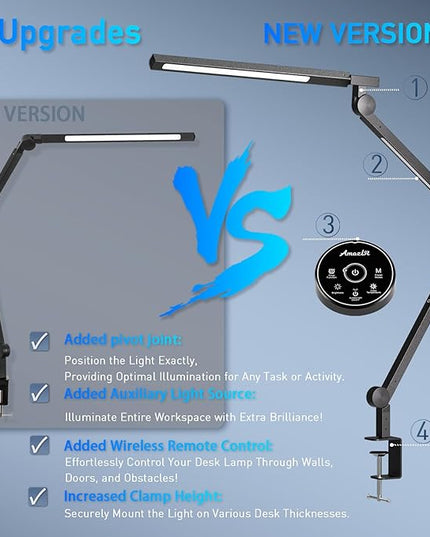 Desk Lamp, Desk Light with Clamp, Stepless Dimming & Adjustable Color Temperature Modern Eye-Caring Architect Lamp with Memory & Timing Function for Study, Work, Home, Office, 15W - LeafyLoom