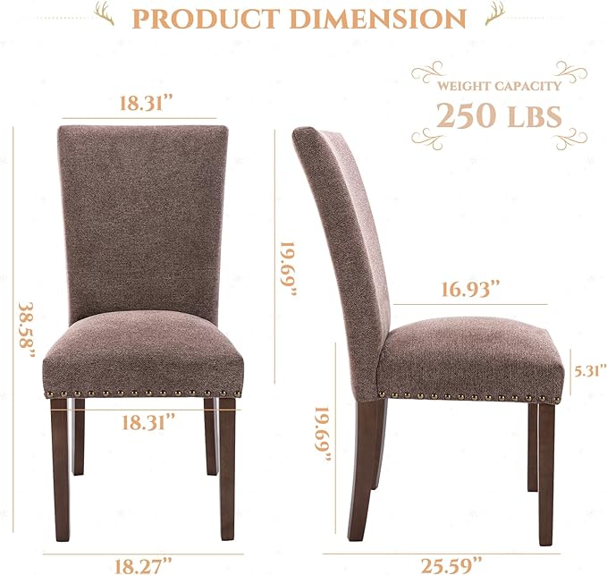 Parsons Dining Chairs Set of 4, Upholstered Nailhead Dining Room Kitchen Side Chair with Thick Cushions and Wood Legs, Brown - LeafyLoom