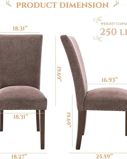 Parsons Dining Chairs Set of 2, Upholstered Nailhead Dining Room Kitchen Side Chair with Thick Cushions and Wood Legs, Brown - LeafyLoom