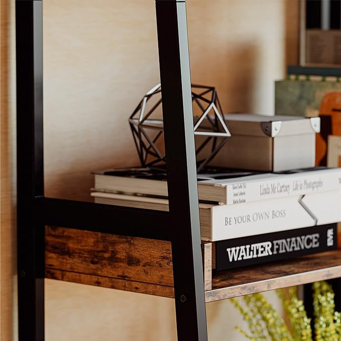 IRONCK Industrial Bookshelf 5-Tier, Bookcase Ladder Shelf, Storage Shelves Rack Shelf Unit, Accent Furniture Metal Frame, Home Office Furniture for Bathroom, Living Room - LeafyLoom