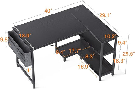 ODK 40 Inch Small L Shaped Gaming Computer Desk with Power Outlets, Reversible Storage Shelves & PC Stand for Home Office, Simple Writing Study Table with Storage Bag for Small Space, Black - LeafyLoom
