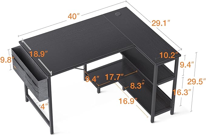 ODK 40 Inch Small L Shaped Gaming Computer Desk with Power Outlets, Reversible Storage Shelves & PC Stand for Home Office, Simple Writing Study Table with Storage Bag for Small Space, Black - LeafyLoom