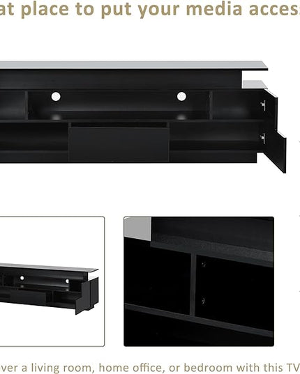 Modern Functional Stand with Color Changing LED Lights and Storage Space, High Gloss Television Cabinet for TVs Up to 75+'' for Living Room Furniture, 75 inch, Black - LeafyLoom
