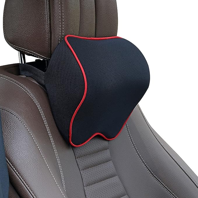 2 Pack Car Neck Pillow, Softness Car Headrest Pillow for Driving with Adjustable Strap, 100% Memory Foam and Breathable Removable Cover, Comfortable Ergonomic Design (Red Side Rope) - LeafyLoom