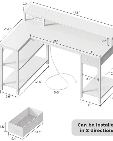 SUPERJARE 47 inch Reversible L Shaped Desk with LED Lights & Power Outlets, Computer Desk with Shelves & Monitor Stand, Gaming Desk with Drawer, Home Office Desk Corner Desk, PU White Drawer - LeafyLoom