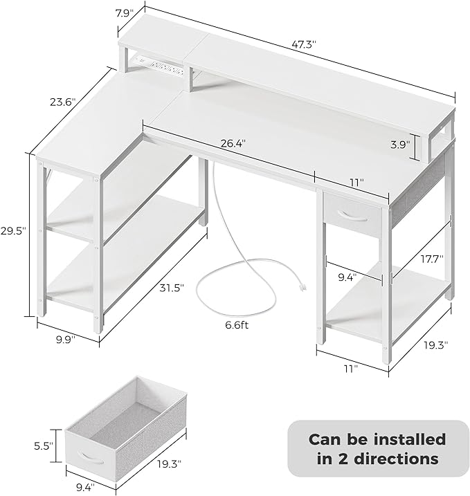 SUPERJARE 47 inch Reversible L Shaped Desk with LED Lights & Power Outlets, Computer Desk with Shelves & Monitor Stand, Gaming Desk with Drawer, Home Office Desk Corner Desk, PU White Drawer - LeafyLoom